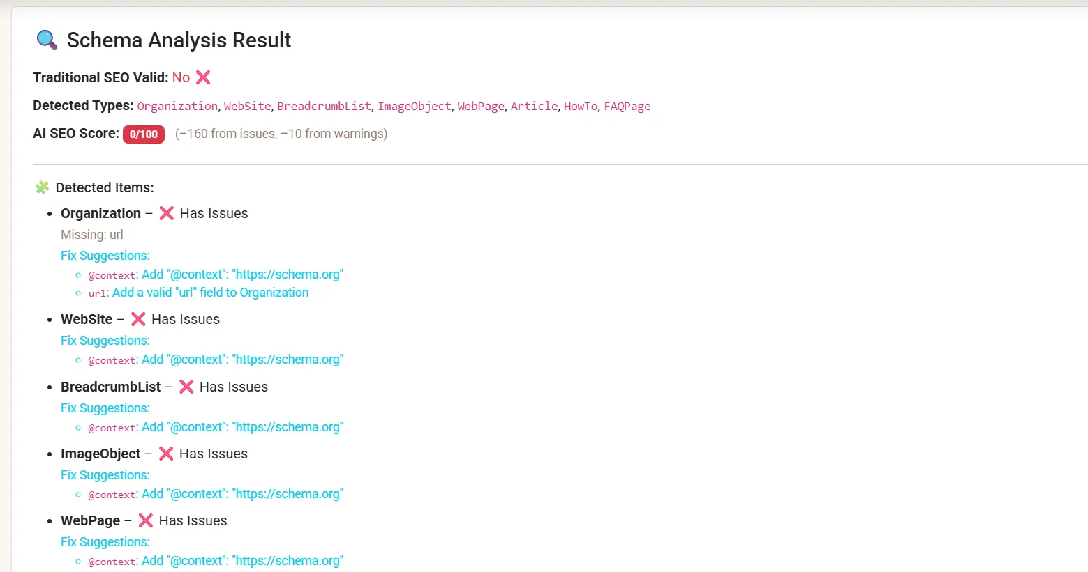 Schema Analysis Result: Traditional SEO invalid; issues in Organization, WebSite, BreadcrumbList, ImageObject, WebPage.